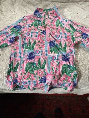 Tropical Print Half-Zip Women's Pullover - Pink & Green